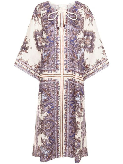PAISLEY PRINT LINEN MIDI DRESS