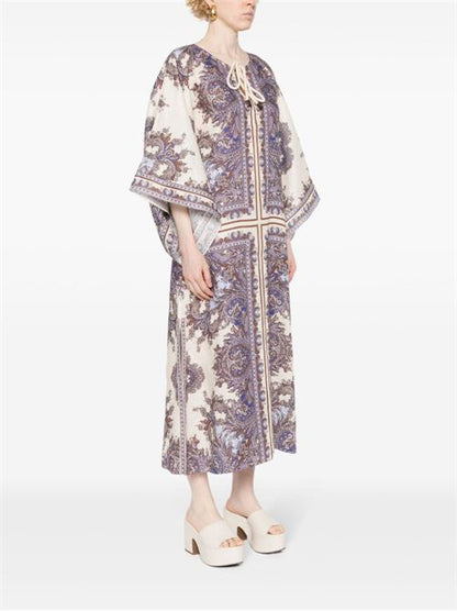PAISLEY PRINT LINEN MIDI DRESS